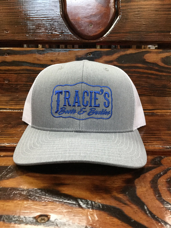 Tracie's Logo Blue Embroidered Richardson Trucker Hat Heather Grey/White Mesh