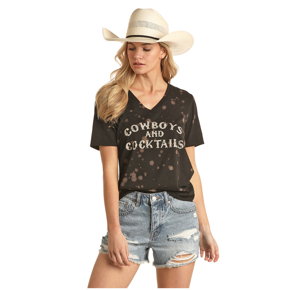 Rock & Roll Cowgirl Juniors Cowboys and Cocktails V-Neck Tee #49T3241