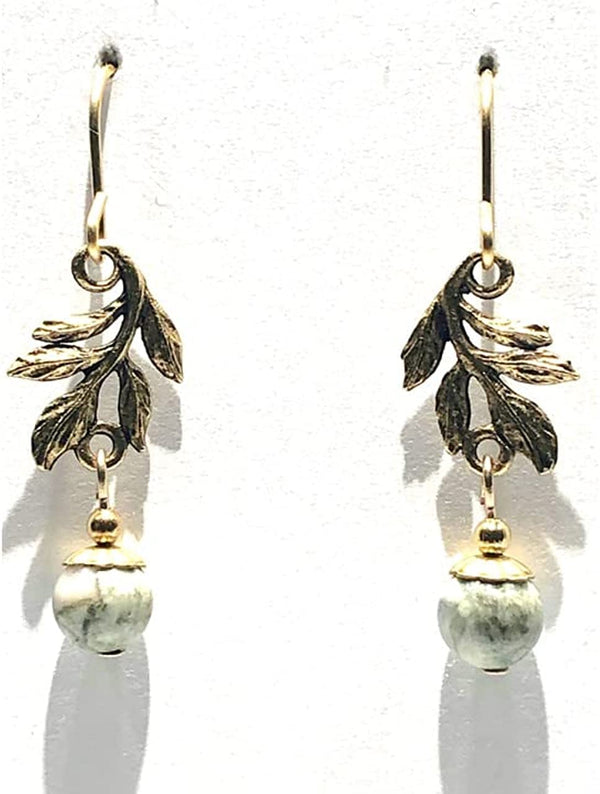 Silver Forest Leaf Swag with Bead Drop pierced Earrings NE-1993
