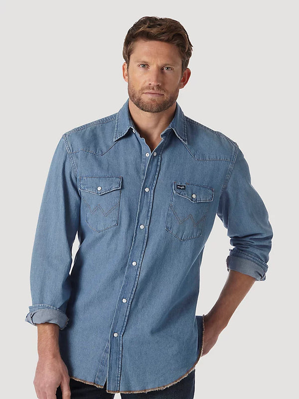 Wrangler Men's Cowboy Cut Long Sleeve Western Denim Snap Work Shirt in Stonewash MS1041D