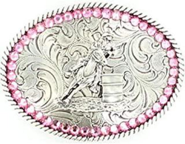 Nocona  37380 Oval Buckle with Pink Rhinestones and Barrel Racer
