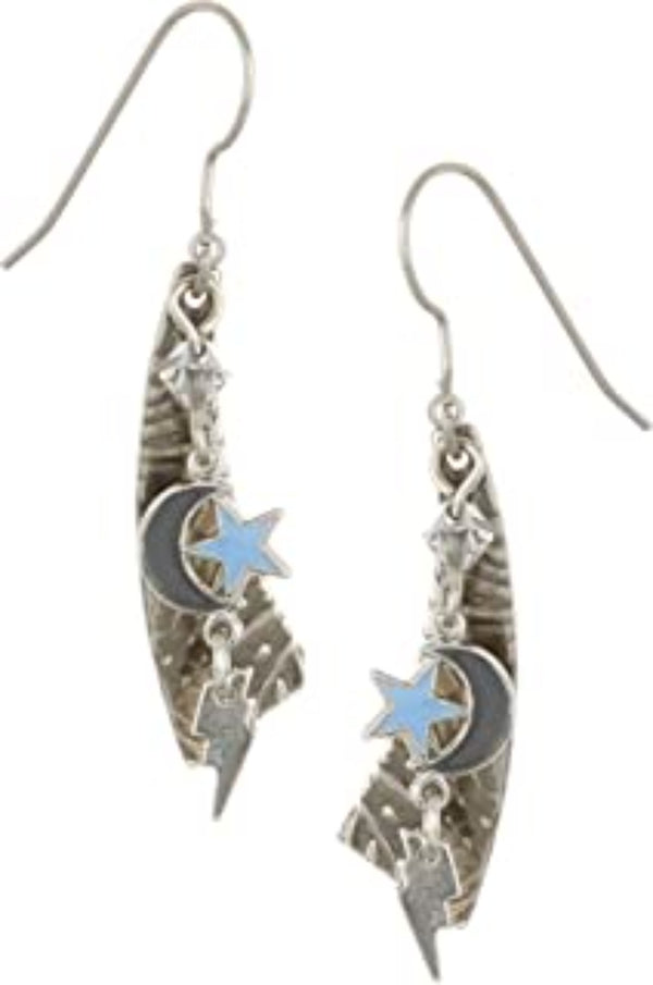 Silver Forest Moon & Star Layered Linear Earrings NE-1291