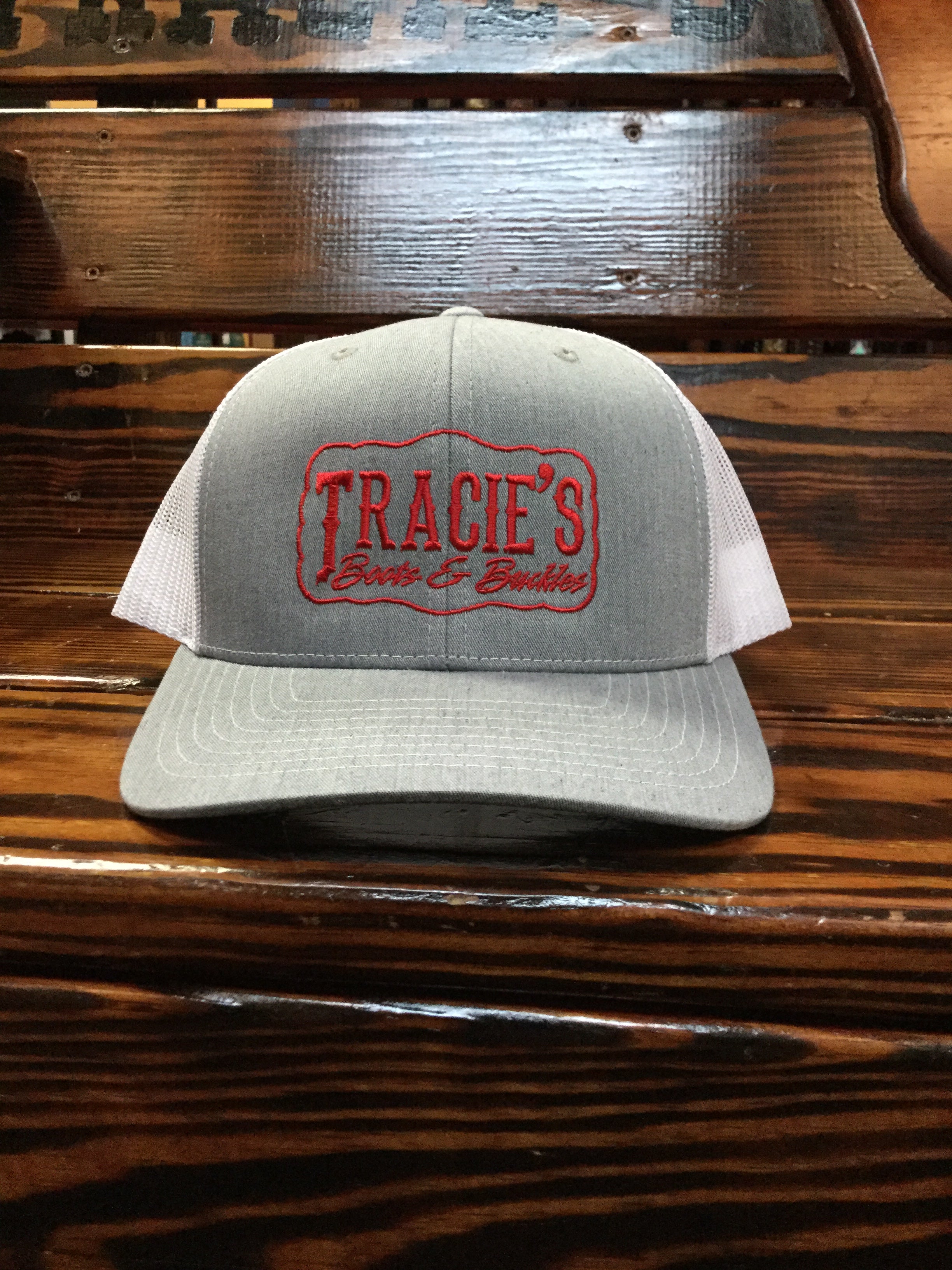 Tracie's Logo Red Embroidered Richardson Trucker Hat Heather Grey/White Mesh