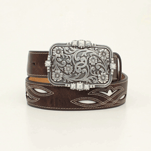 Ariat Women's Brown with Cream Inlay Stitch Design and Silver Buckle Leather Belt A1525002