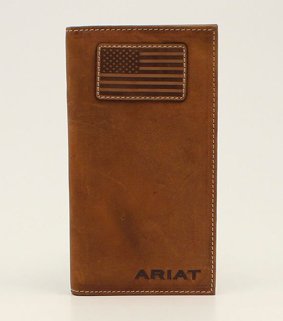 Ariat Men’s Brown Flag Patch Checkbook Leather Rodeo Wallet, A3548344