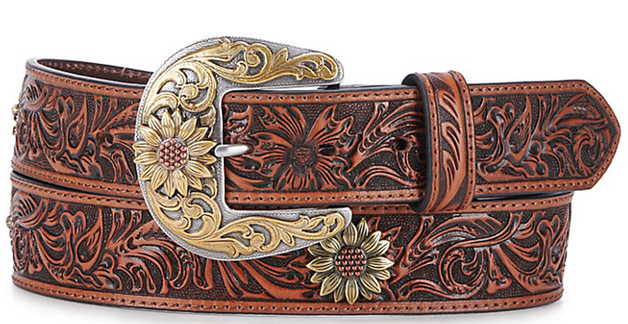 Ariat Women's Brown Tooled with Sunflower Concho Leather Belt A1533508