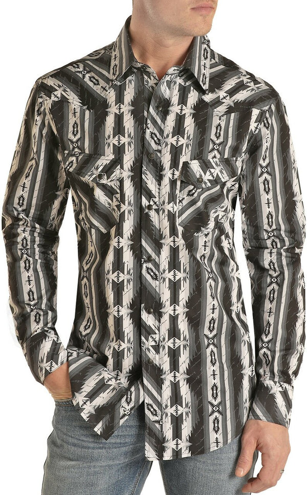 Rock & Roll Denim Men's Black/White/Grey Long Sleeve Snap Shirt B2S2043
