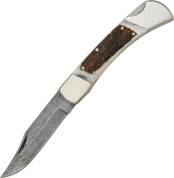 Circle SH Knife, 5" Damascus, Stag Silver Double Bolster, Folder, Hunter  DM-1020