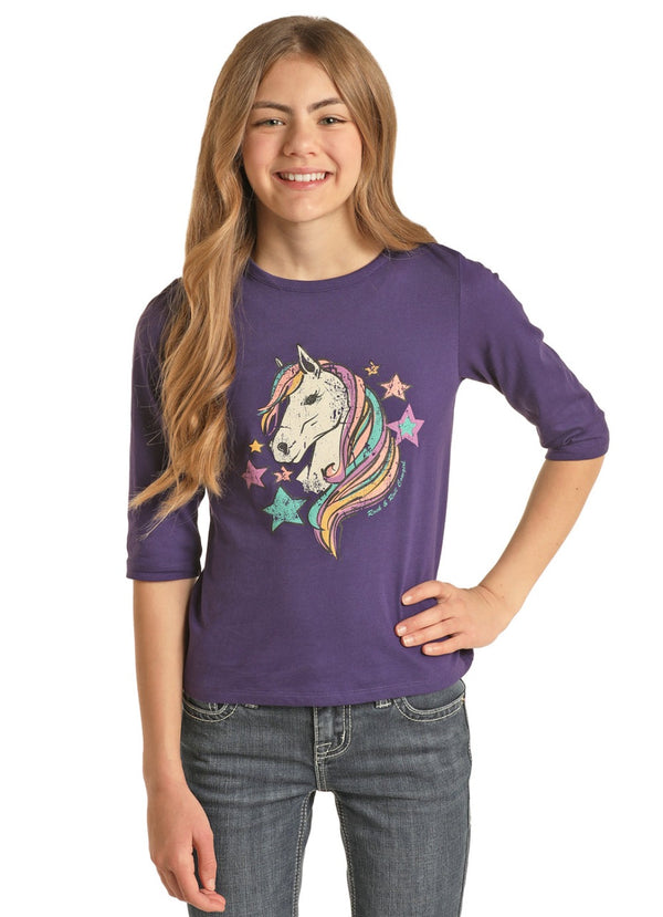 Girls Rock & Roll Cowgirl Unicorn 3/4 Sleeve Top G4T2474