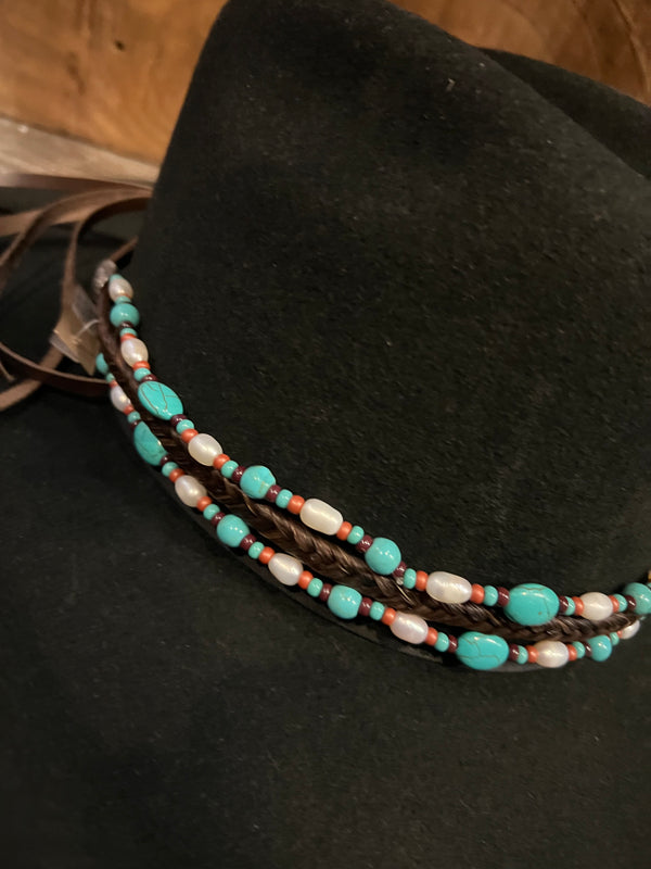 Cowboy Collectibles Turquoise Pearl Bead and Horse hair Hatband-HB12
