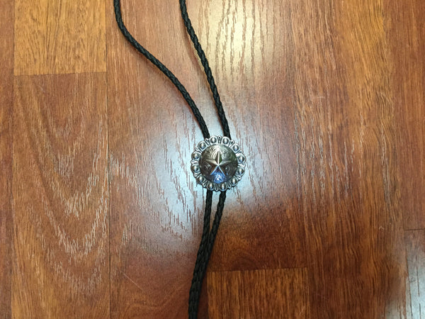 Circle Silver Star Bolo Tie with Black leather cord