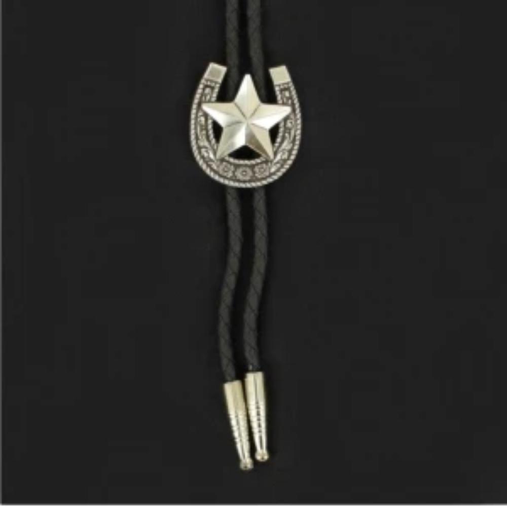 Silver metal horseshoe and star western bolo tie 22860