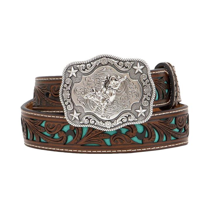 Nocona Kids Piercing Turquoise Underlay Bull Rider Belt - N4439033