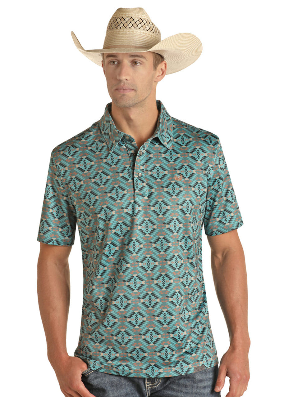 Panhandle Mens Turquoise Short Sleeve Aztec Polo-PPMT51R0WG