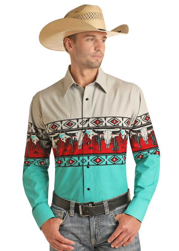 Panhandle Mens Long Sleeve Aztec Border Shirt Longhorn Skull