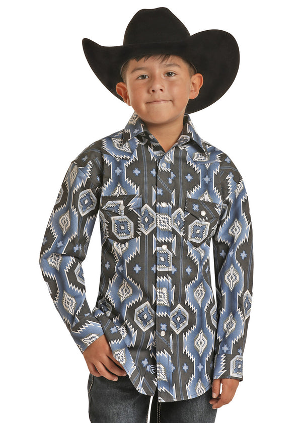 ROCK & ROLL BLUE AZTEC PRINT STRETCH BOYS SNAP SHIRT