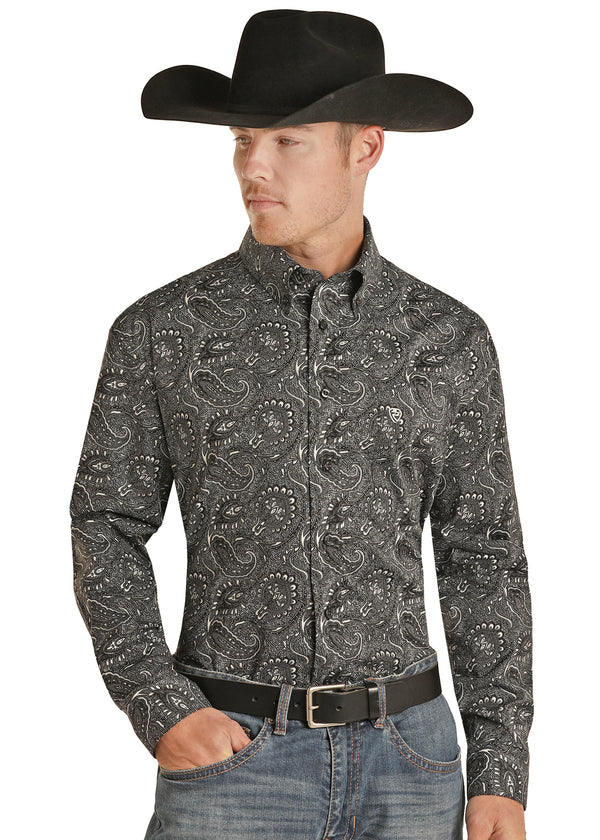 Rock & Roll Denim Mens Long Sleeve Paisley Woven Button Down RRMSODR08Z