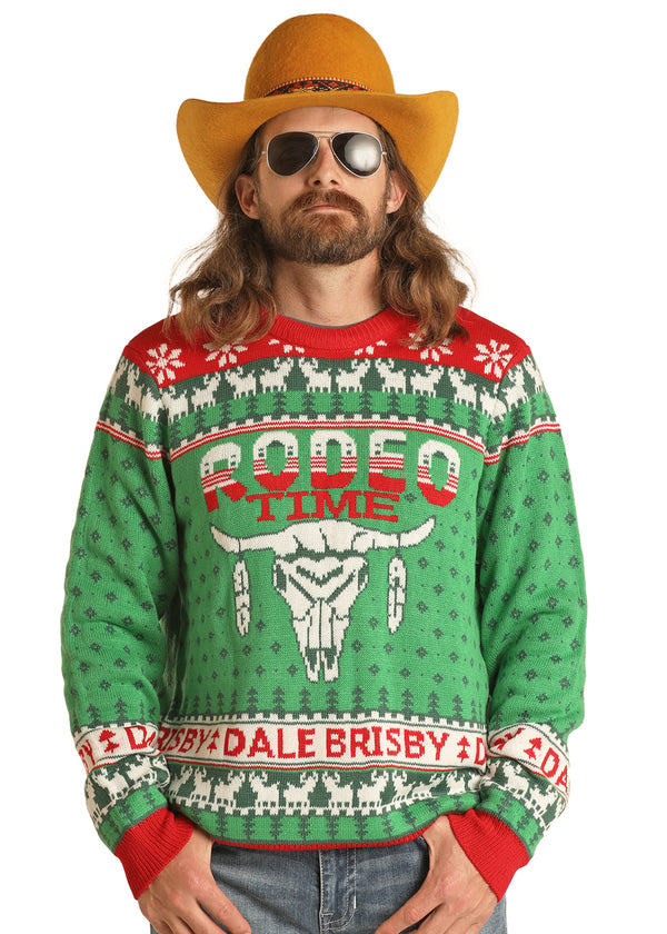 Rock & Roll Denim Unisex Dale Brisby Ugly Christmas Sweater- Green Rodeo Time- RRUT32R0LB