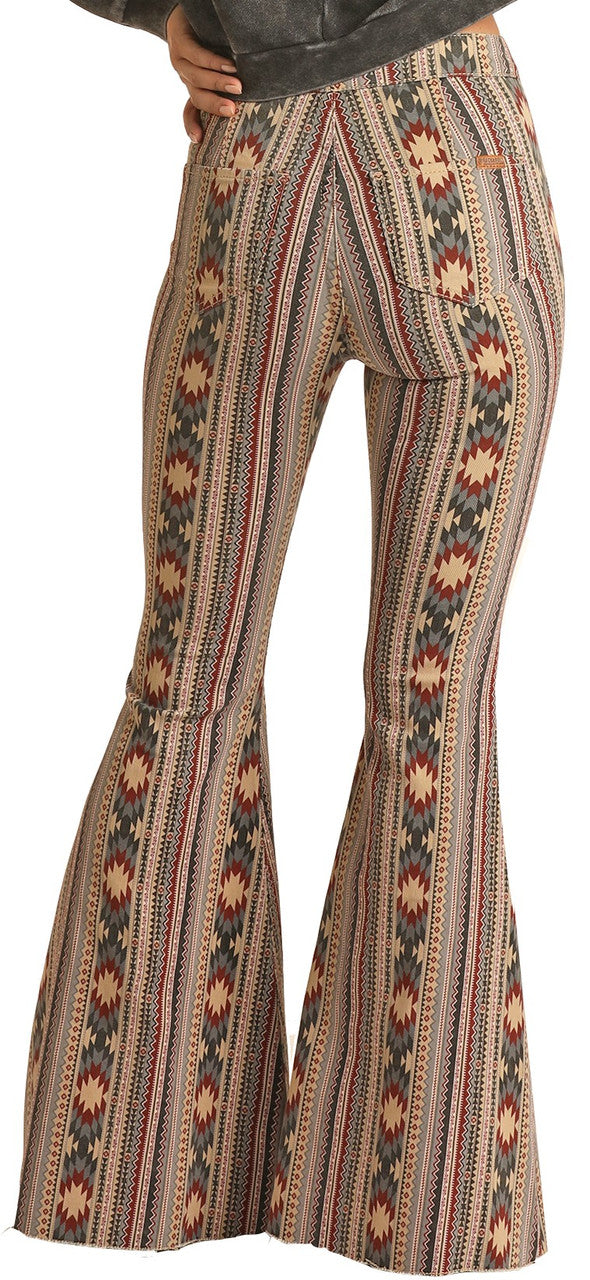 Ladies Rock & Roll High Rise Stretch Tan Aztec Bell Bottom Jeans RRWD7PRZR6