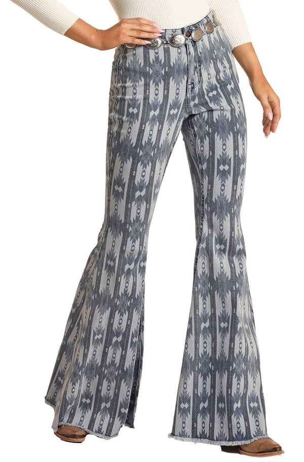 Ladies Rock & Roll High Rise Extra Stretch Aztec Print Bell Bottom Jeans RRWD7PRZRF