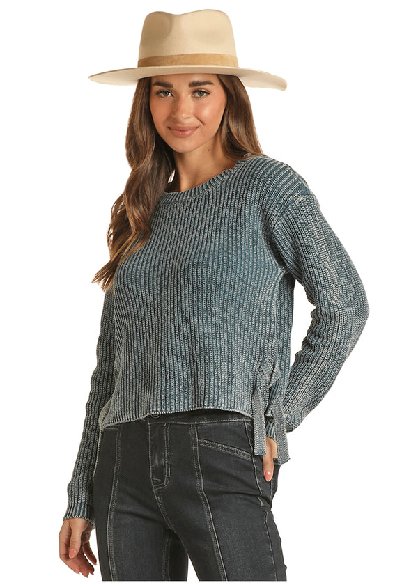 Ladies Rock & Roll Sweater Blue with Mineral Wash RRWT32R03Z