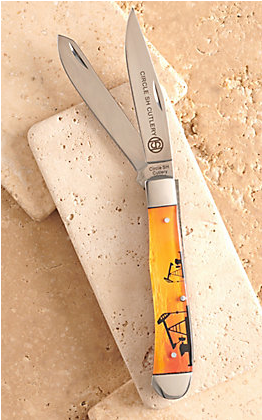 Circle SH Cutlery Acrylic Orange Pumpjack Print Trapper Knife OK312