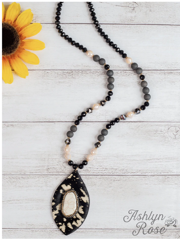 The Git Up Teardrop Beaded Necklace with Center Bedazzled Stone, Cow Hide