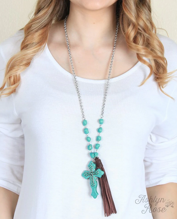 Turquoise Rock Cross Necklace with Brown Leather Tassel