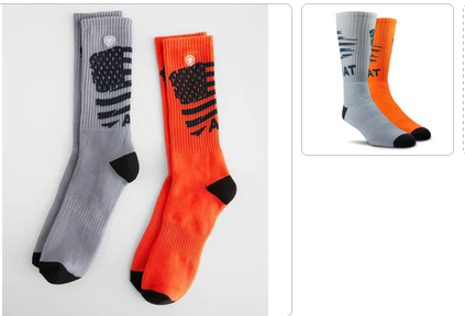 Ariat Patriot Graphic Crew Work Sock size Large Grey and Orange Medium 10042686