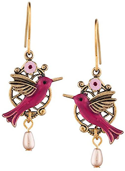 Silver Forest Red Hummingbird Drop 18K Plated Earrings NE-0424