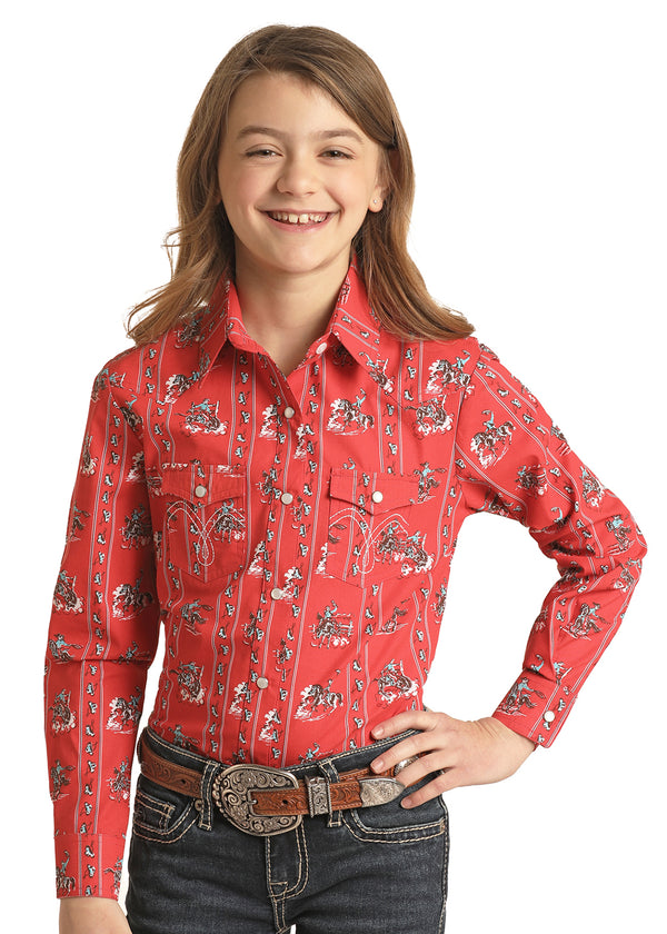 Panhandle Girls Long Sleeve Snap Shirt Red Bronco Print WLGSOSR0N2