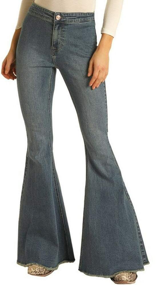 LADIES ROCK AND ROLL BUTTON BELLS HIGH RISE STRETCH FLARE JEANS #WPB2670