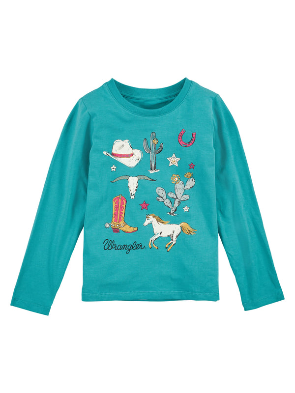 Wrangler Girls Long Sleeve T-Shirt with Western Theme in Teal 112317729