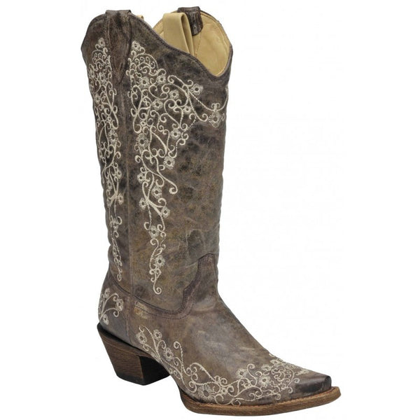 Ladies Corral Brown Crater Bone Embroidery - A1094