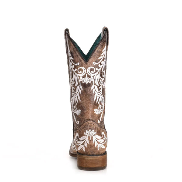 Corral Ladies Brown with White Embroidery GLOW Square Toe Boots A4063
