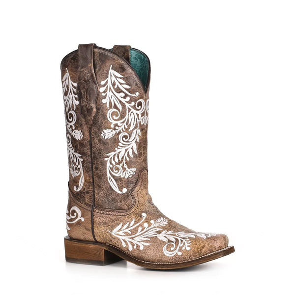 Corral Ladies Brown with White Embroidery GLOW Square Toe Boots A4063