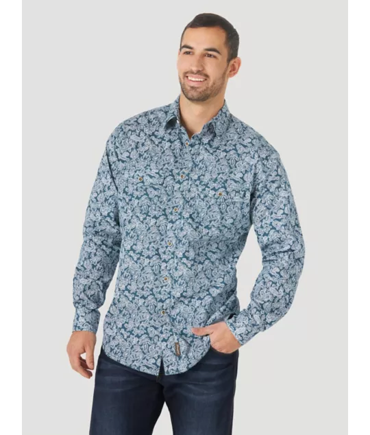 Wrangler Men's Retro Long Sleeve Button Down Print Shirt in Blue MVR575Q