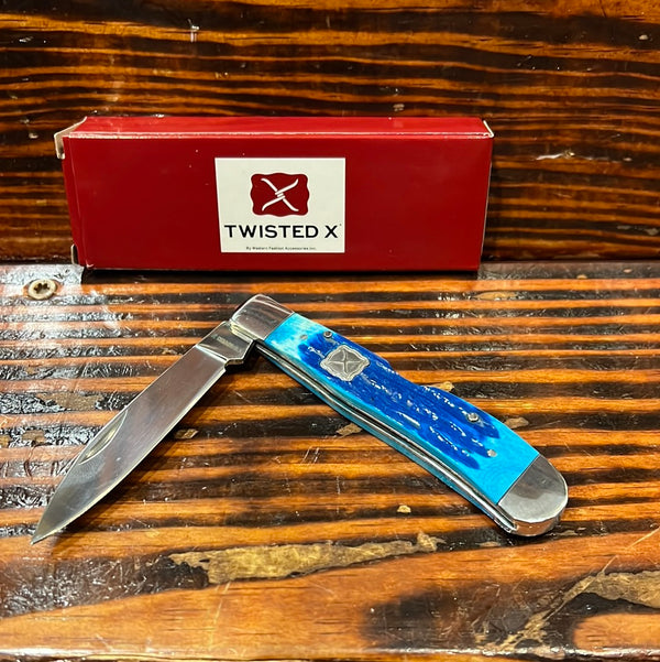 Twisted X Folding Knife Blue Bone Handle Closed