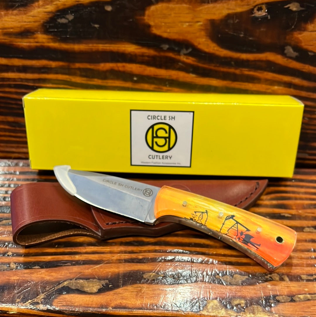 Circle SH Oil Rig Pattern Fixed Blade w/Sheath OK325