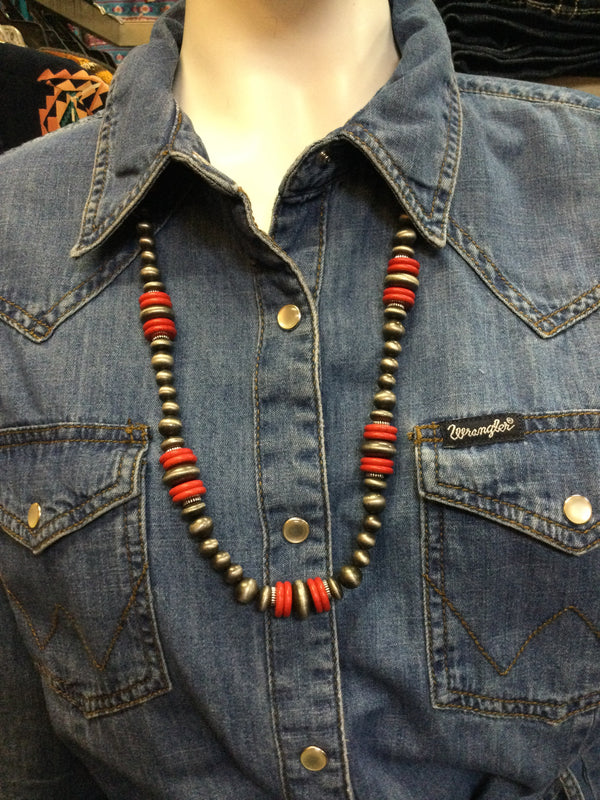 West & Company Faux Navajo Pearl Beaded Necklace with Red Accent N739RD