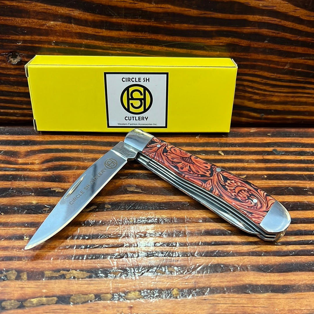 Circle SH Cutlery Acrylic Floral Tooled Leather Print Trapper Knife OK-37