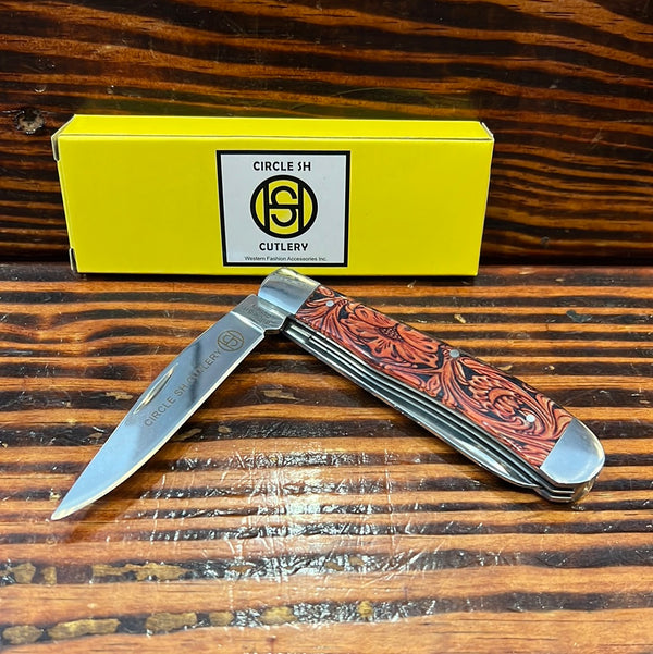 Circle SH Cutlery Acrylic Floral Tooled Leather Print Trapper Knife OK-37