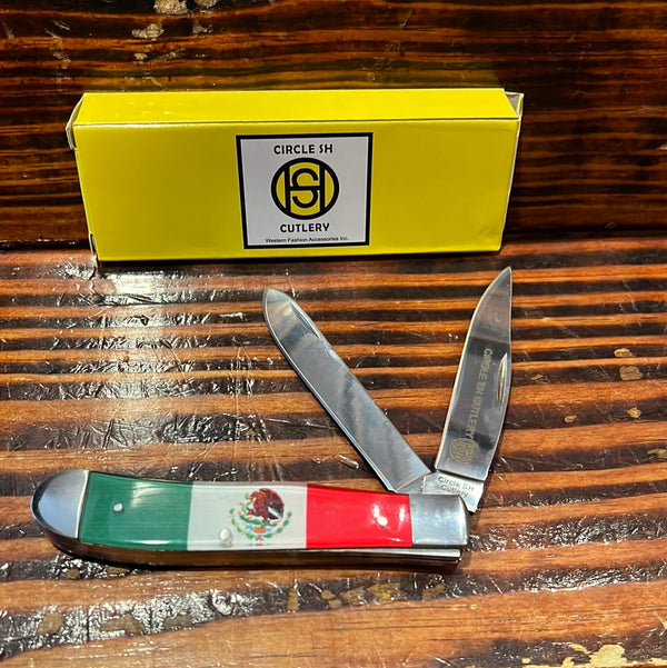 Circle SH Cutlery Acrylic Mexican Flag Print Trapper Knife