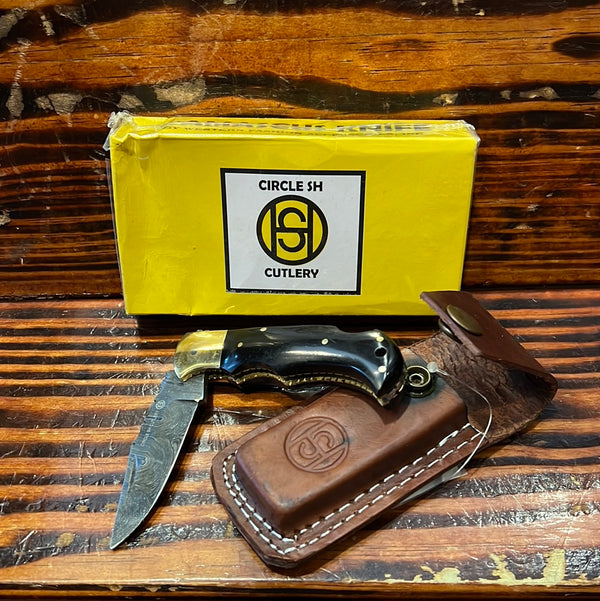 Damascus Lockback Folding Pocket Knife w/ Brass Bolster & Horn Handle SH-9986