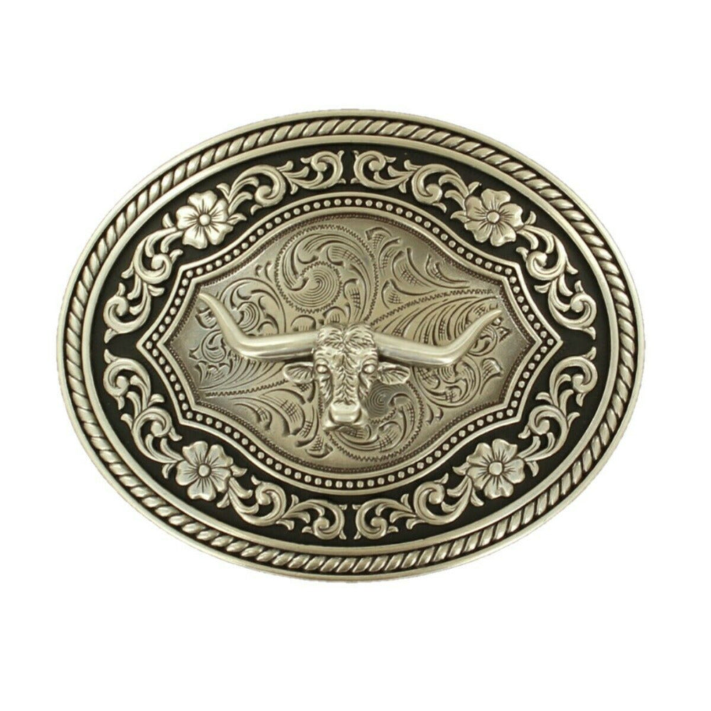 Nocona Silver Scroll & Longhorn Oval Belt Buckle 37708