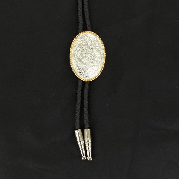 Western Mens Bolo Neck Tie Rope Edge Oval Silver Gold 22267