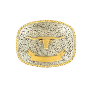 Nocona Longhorn With Floral Gold/Silver Belt Buckle