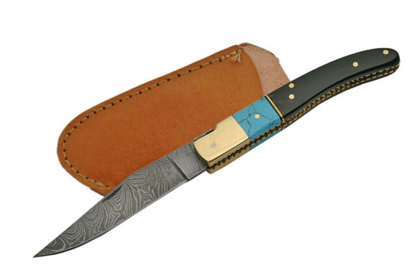 Damascus Steel Folder Pocket Knife Turquoise and Horn Handles