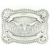 Nocona Silver Rectanglular Longhorn With Ribbon Belt Buckle
