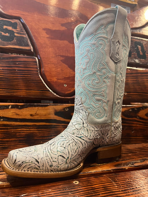 Corral Ladies White/Turquoise Embroidery Square Toe Boot-Z5139